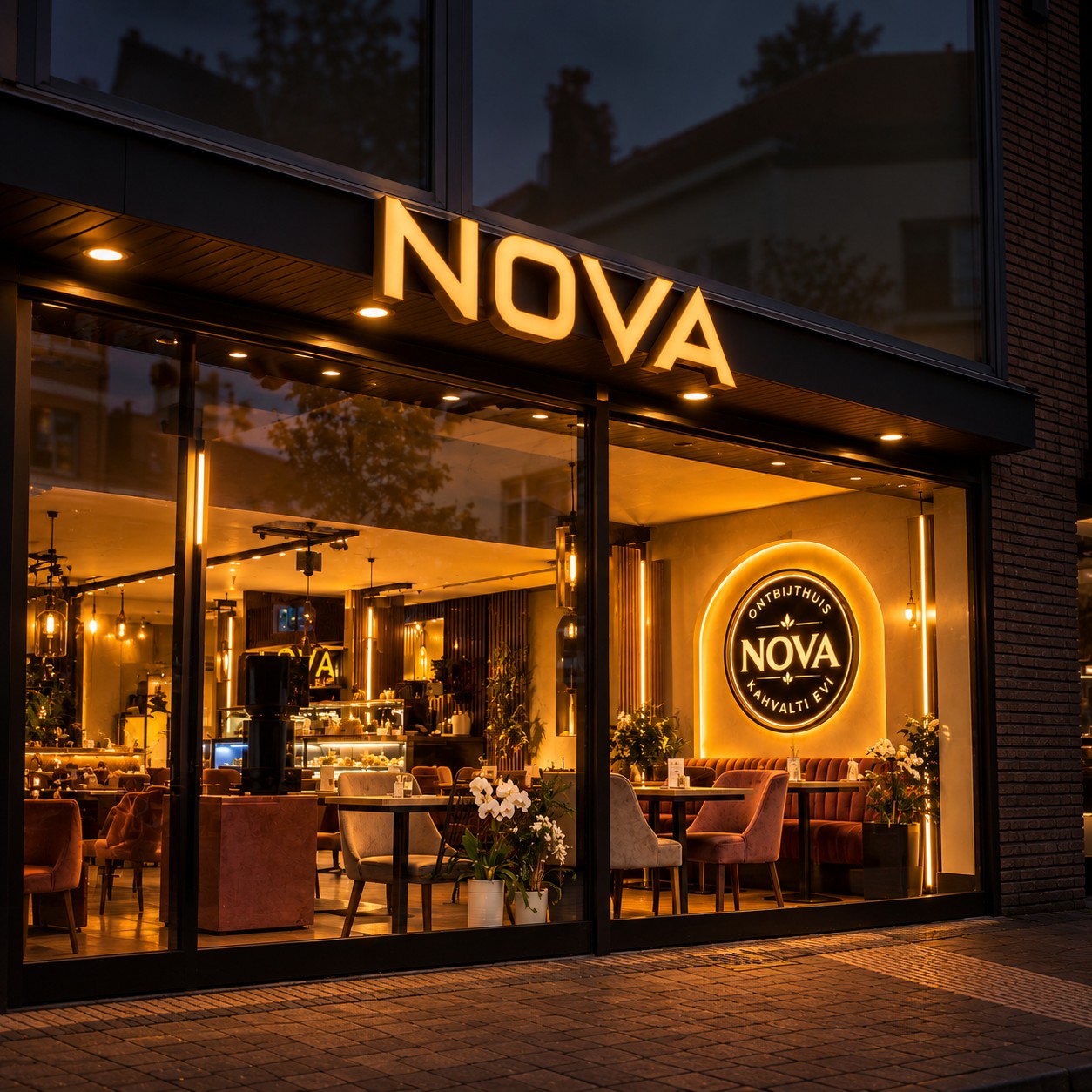 De gevel van NOVA bij avondlicht, met verlichte letters en zicht op de eetzaal