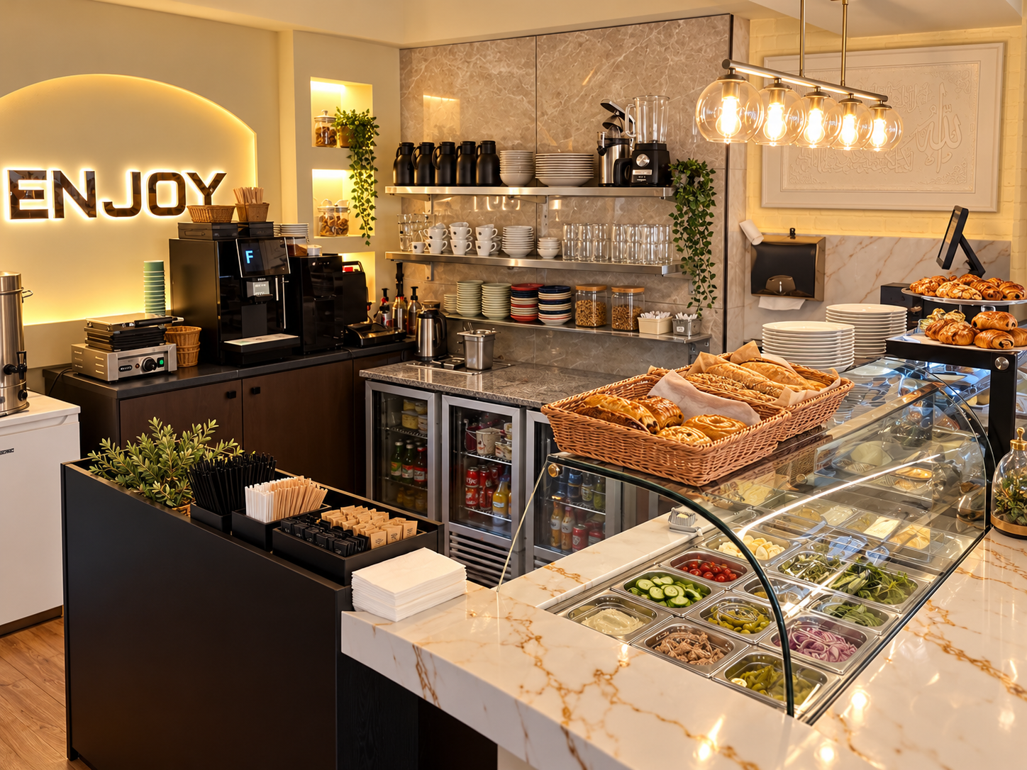 De toog met koffiemachine, gebaksvitrine en het verlichte ENJOY-bord